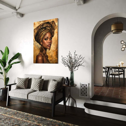 plexiglas schilderij van een afrikaanse vrouw in een mooi wit interieur