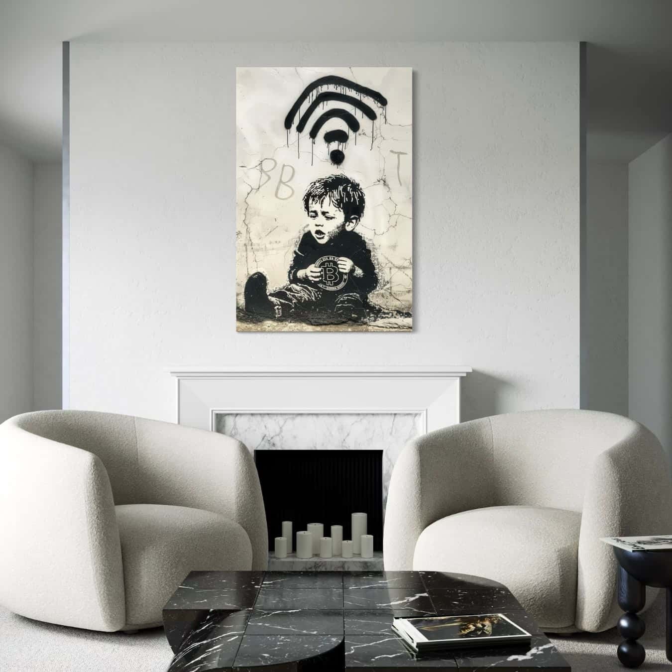 plexiglas schilderij van een banksy ontwerp met bitcoin erin verwerkt