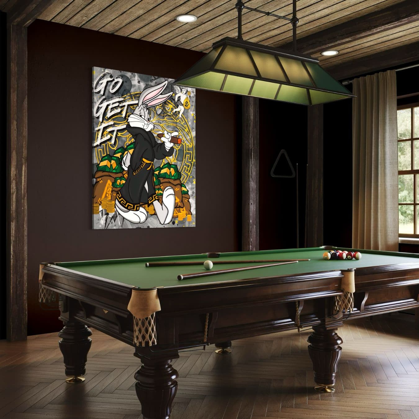 Go Get It kunstwerk van Bugs op dibond in biljartkamer