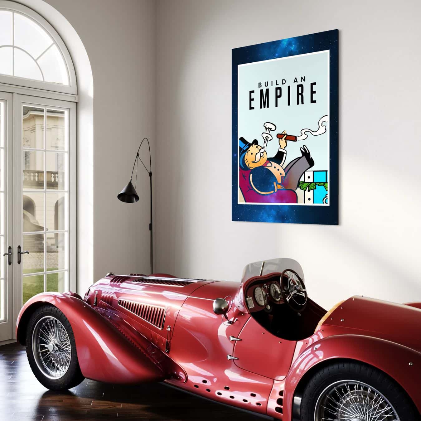 Plexiglas muurdecoratie met Build an Empire naast vintage auto.