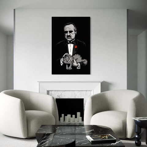Plexiglas schilderij van godfather met Garfield in modern interieur.