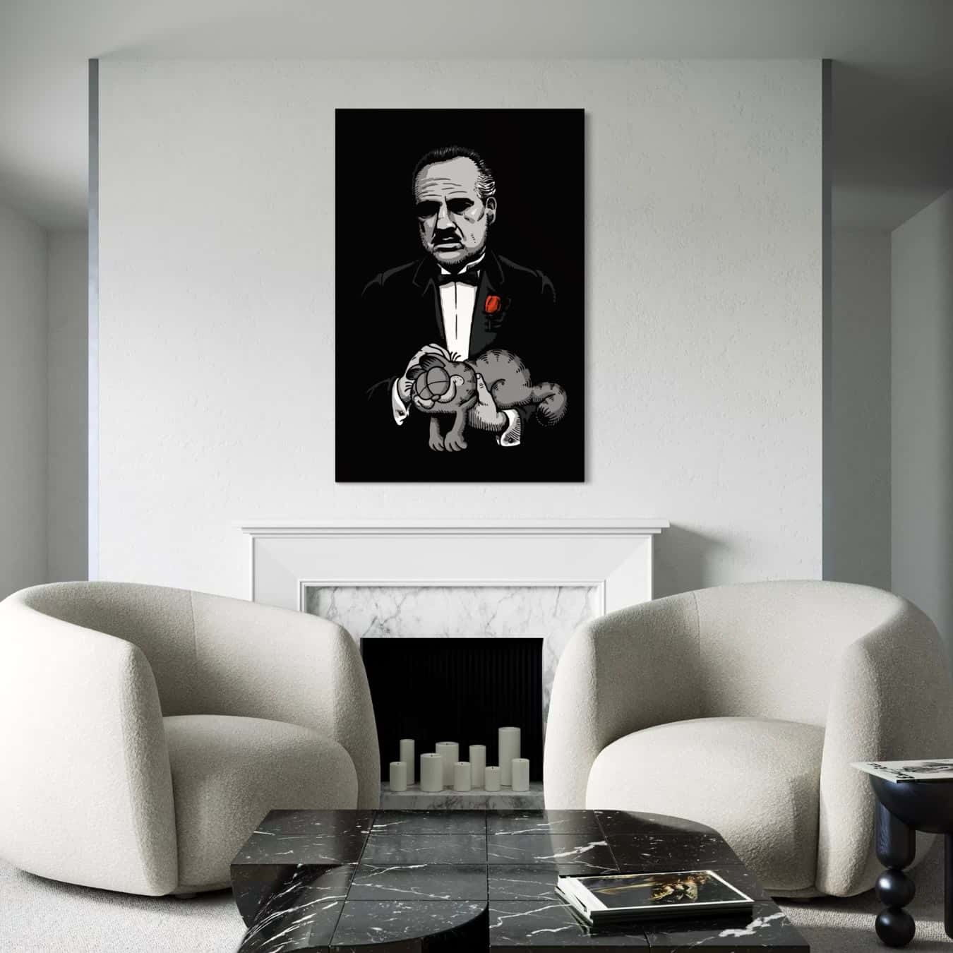 Plexiglas schilderij van godfather met Garfield in modern interieur.