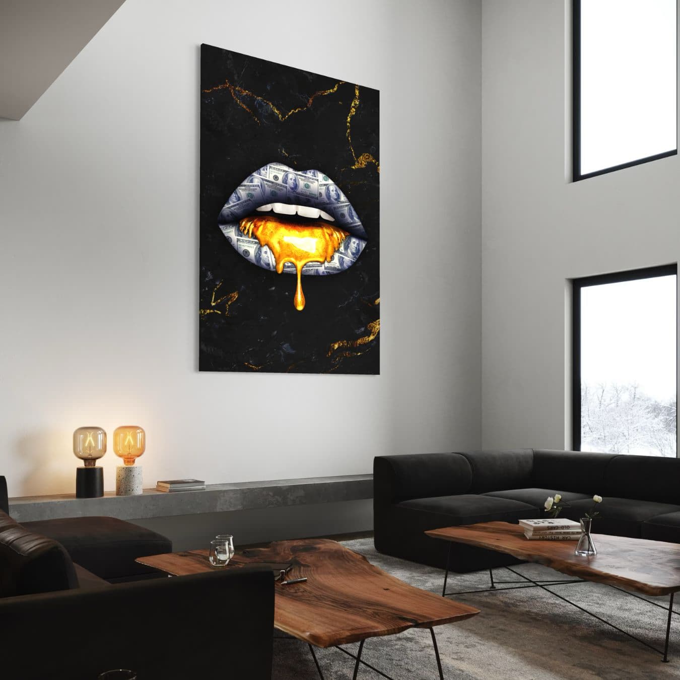 Plexiglas kunstwerk van gouden lippen in lichte design woonkamer.