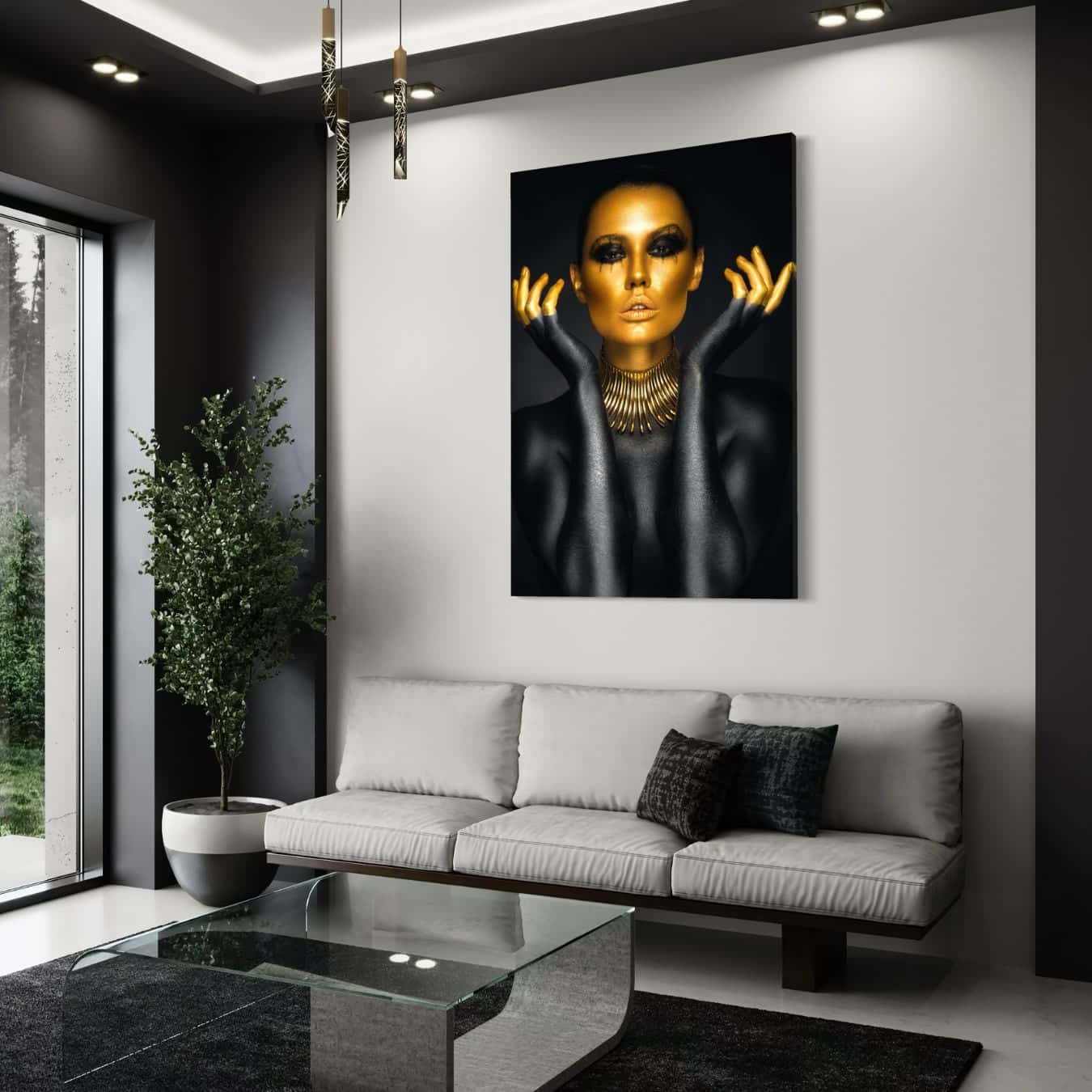 Plexiglas schilderij met vrouw in goud en zwart als wanddecoratie.