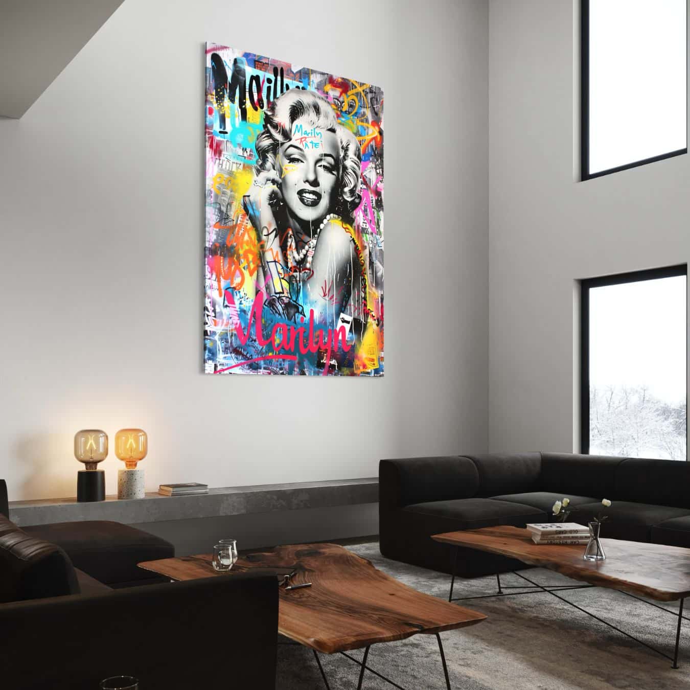 Popart plexiglas schilderij van Marilyn Monroe in stijlvolle woonkamer.