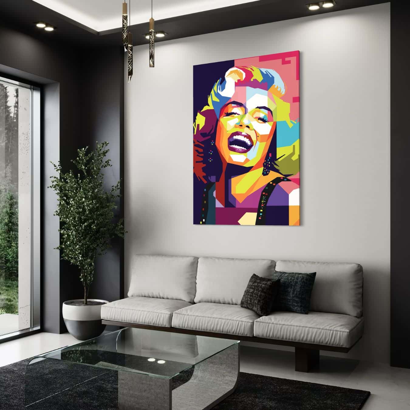 plexiglas schilderij van marylin monroe opgehangen in een wit interieur