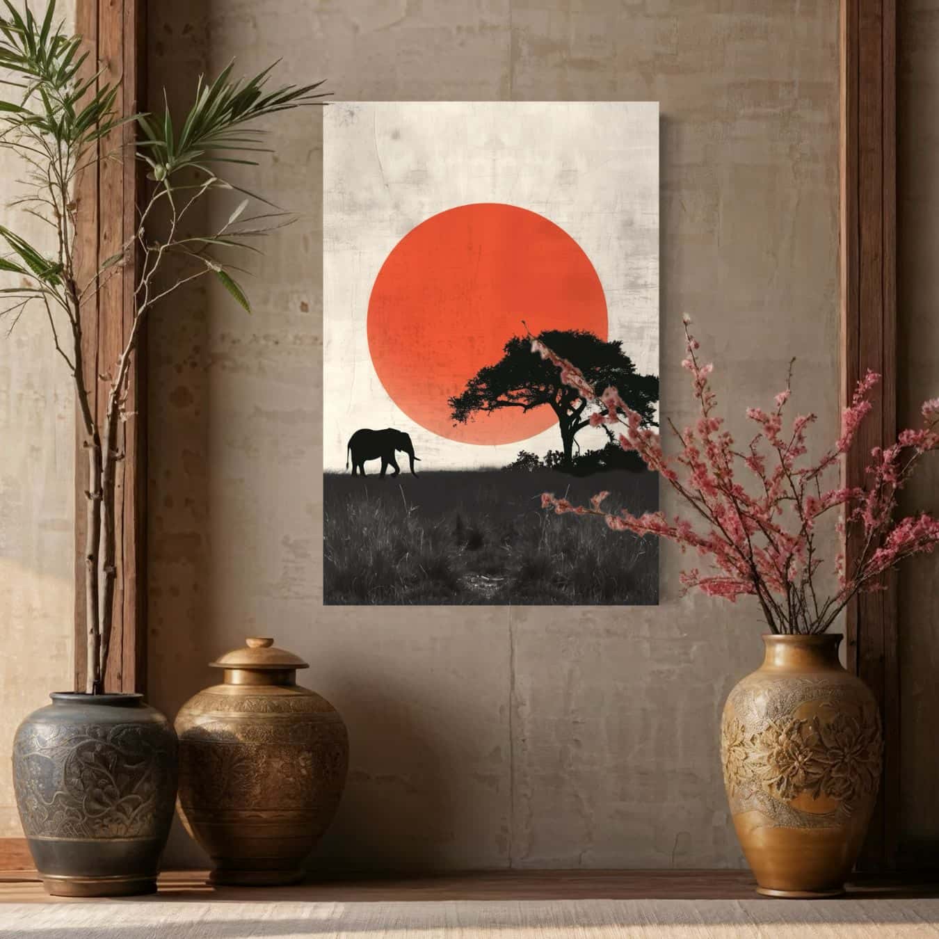 plexiglas schilderij van een olifant in een woonkamer opgehangen