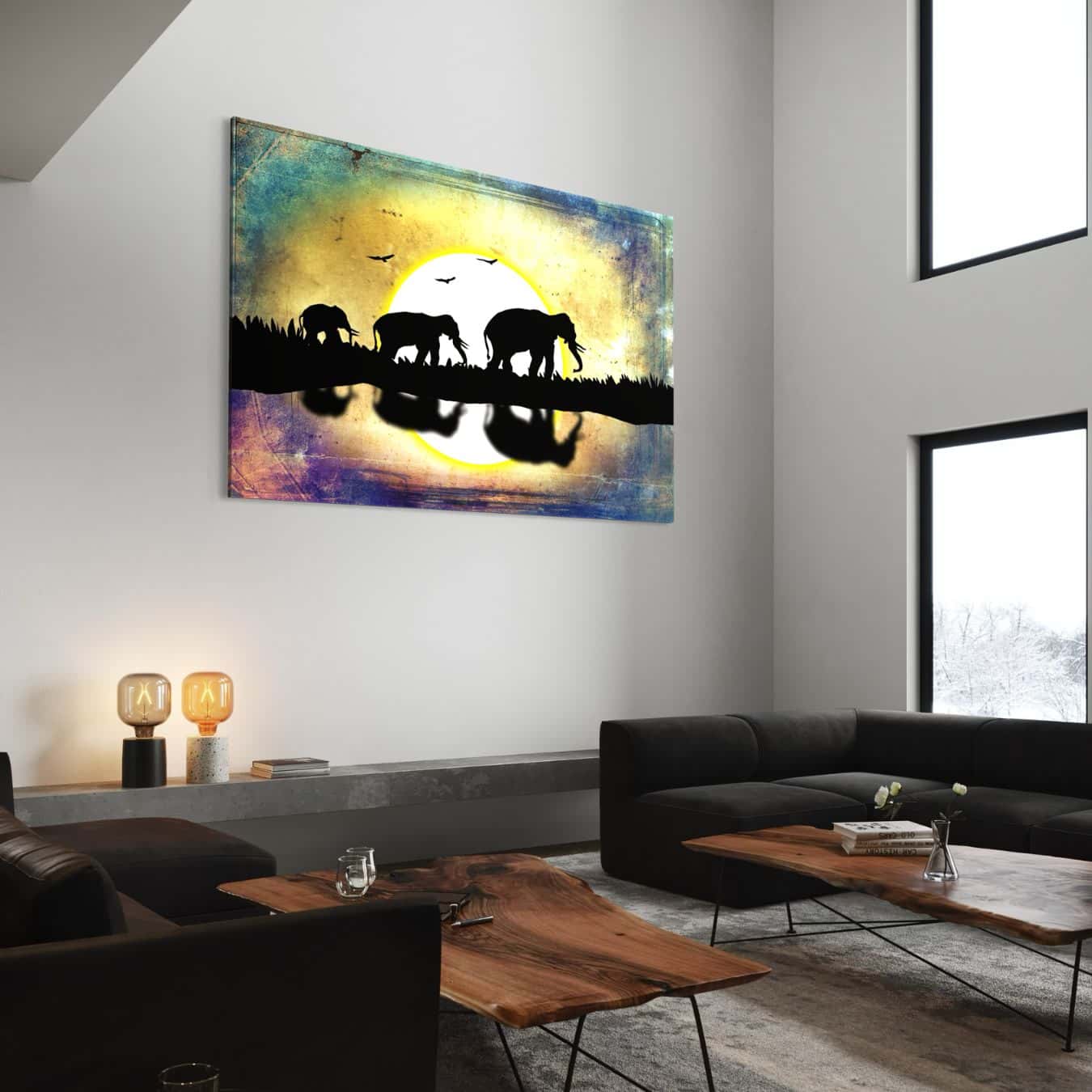 plexiglas schilderij van olifanten lopend in de natuur opgehangen in woonkamer