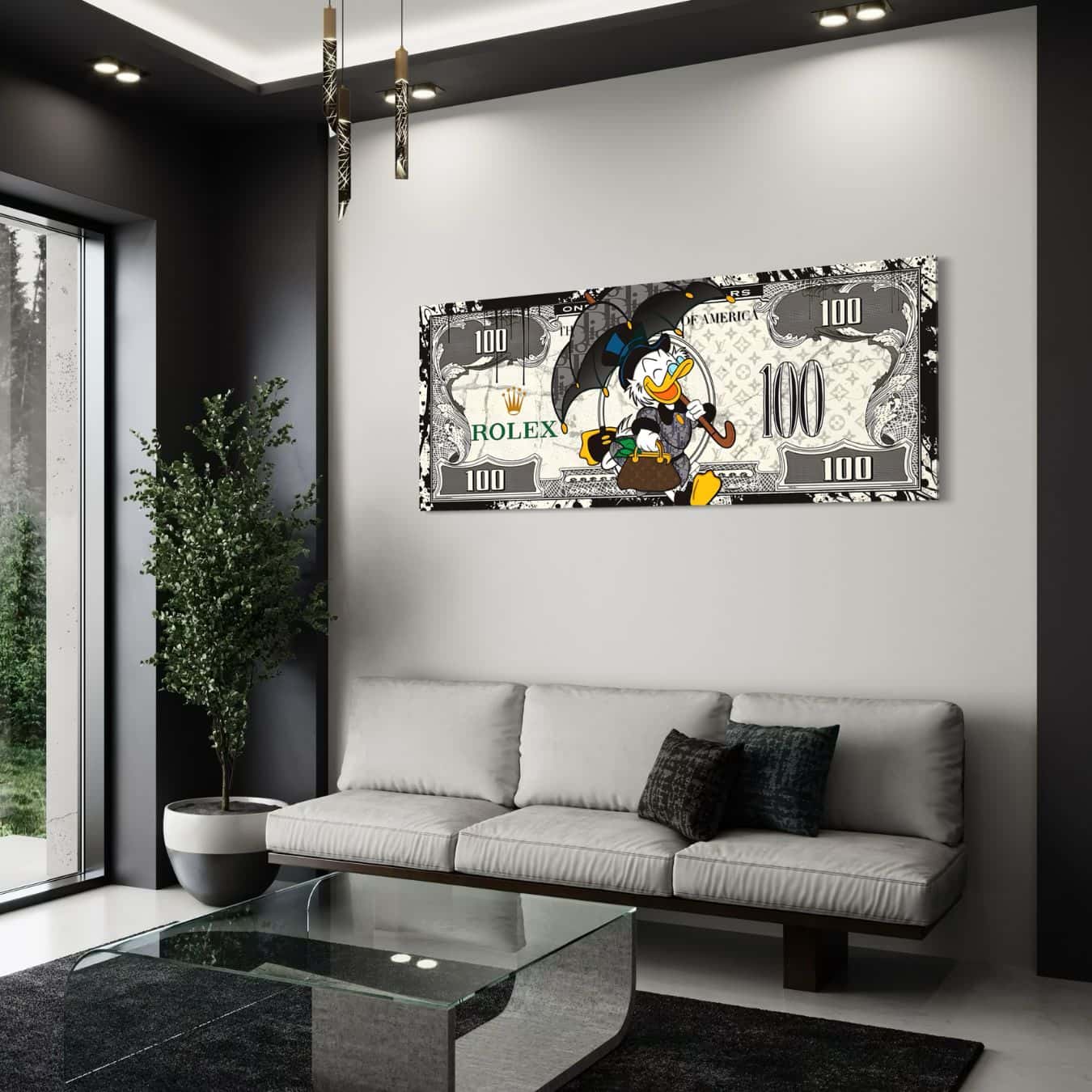 Plexiglas schilderij met cartoonfiguur en Rolex details in strak interieur