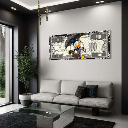 Plexiglas schilderij met cartoonfiguur en Rolex details in strak interieur
