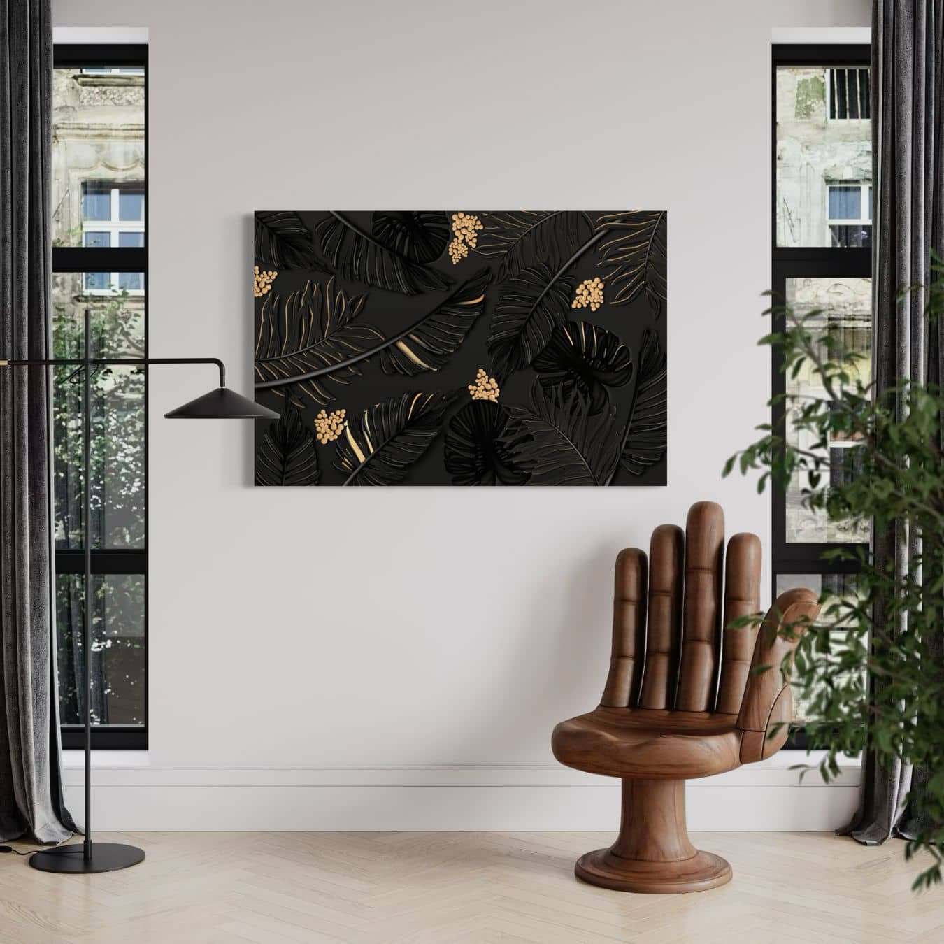 plexiglas schilderij van tropische bladeren in moderne woonkamer