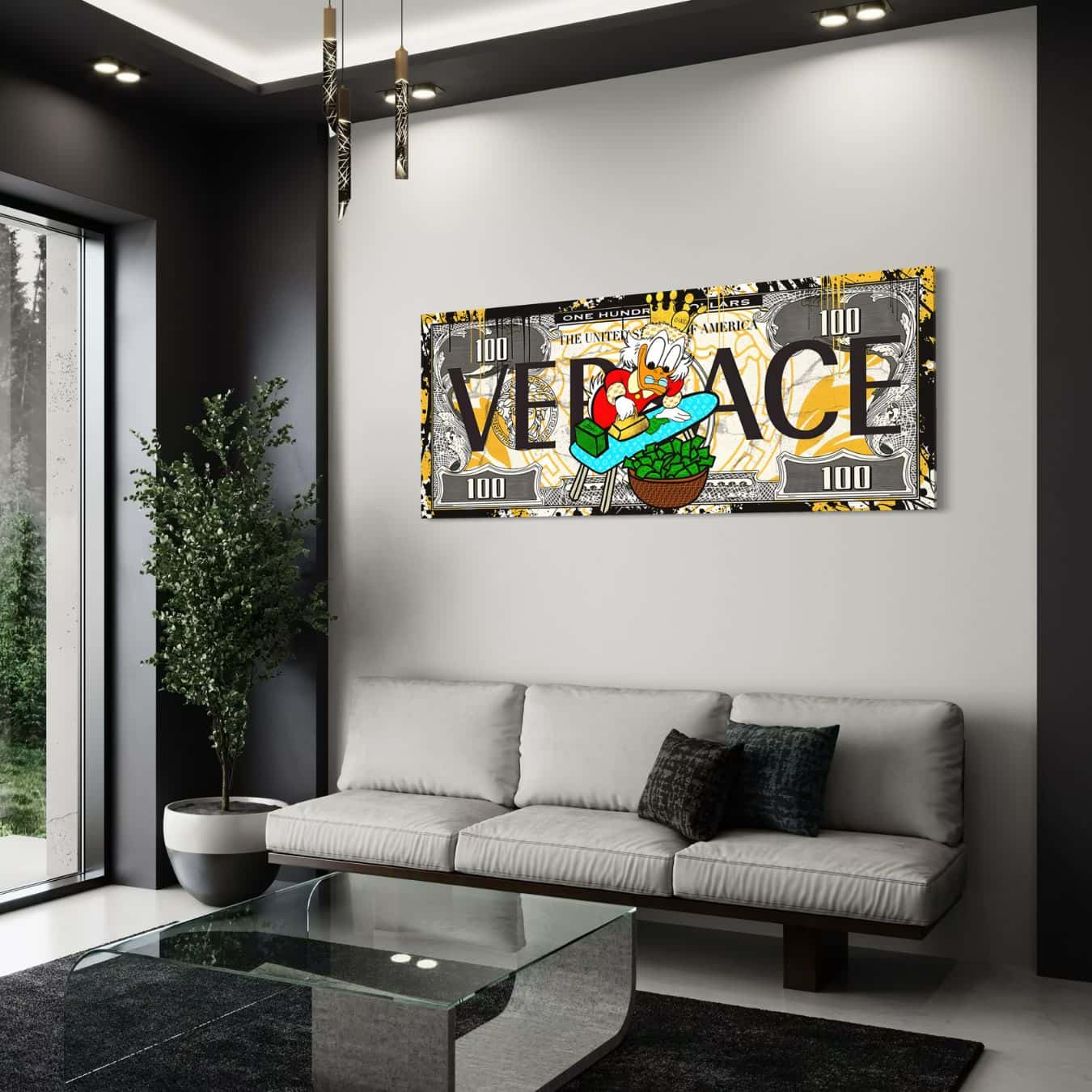Plexiglas kunstwerk met Versace dollarstijl in strak wit interieur geplaatst