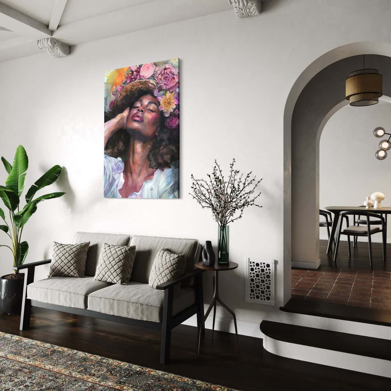 Schilderij van vrouw met grote bloemenkrans in interieur met kamerplant
