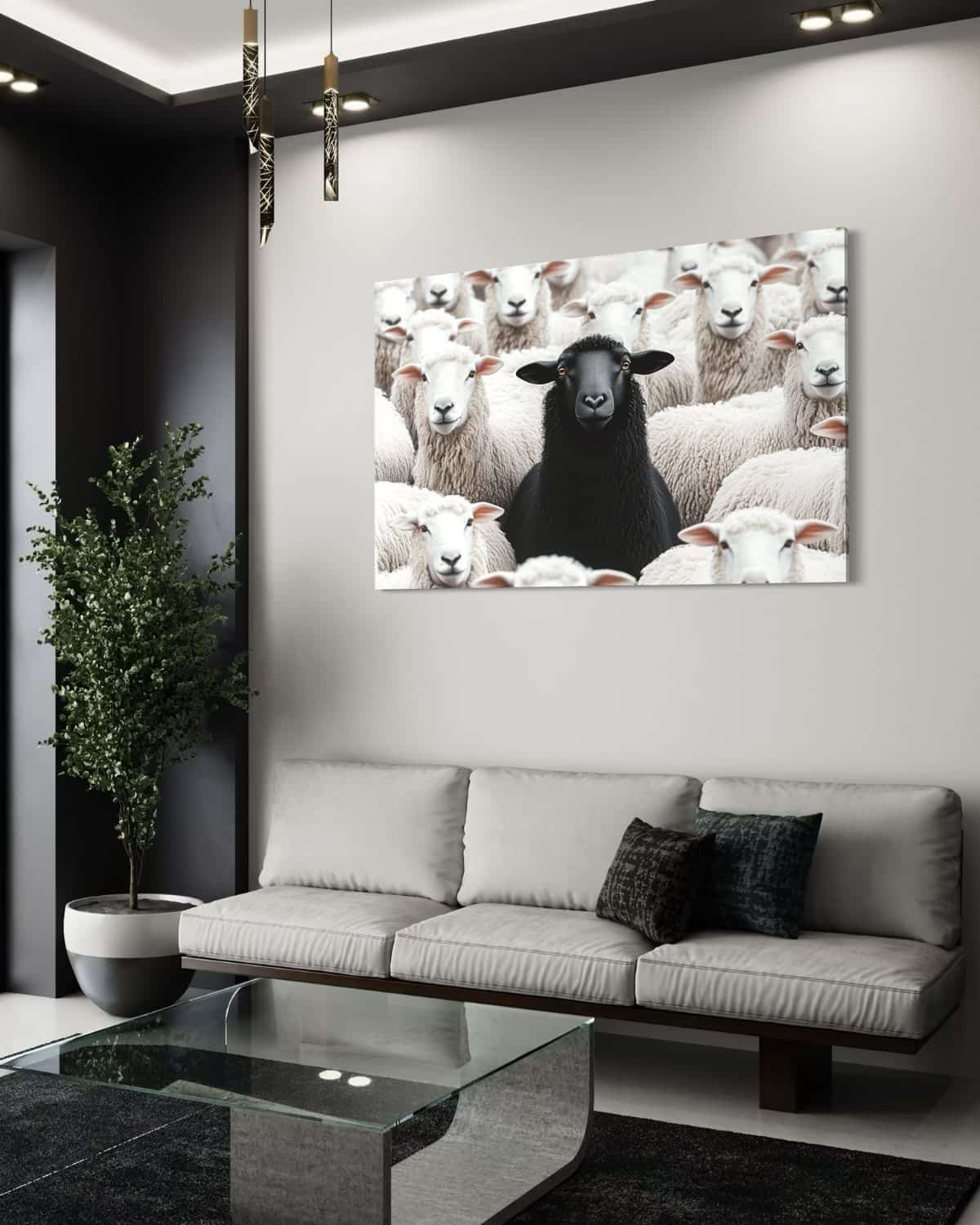 plexiglas schilderij van een zwart schaap omringd door witte schapen