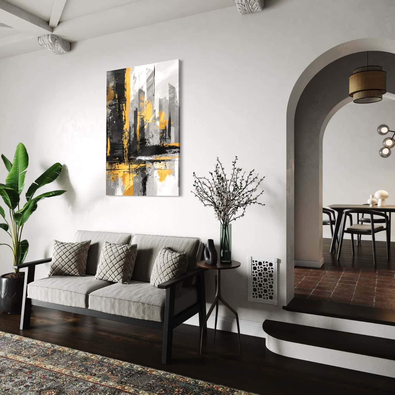 plexiglas schilderij goud met zwart abstract in witte woonkamer