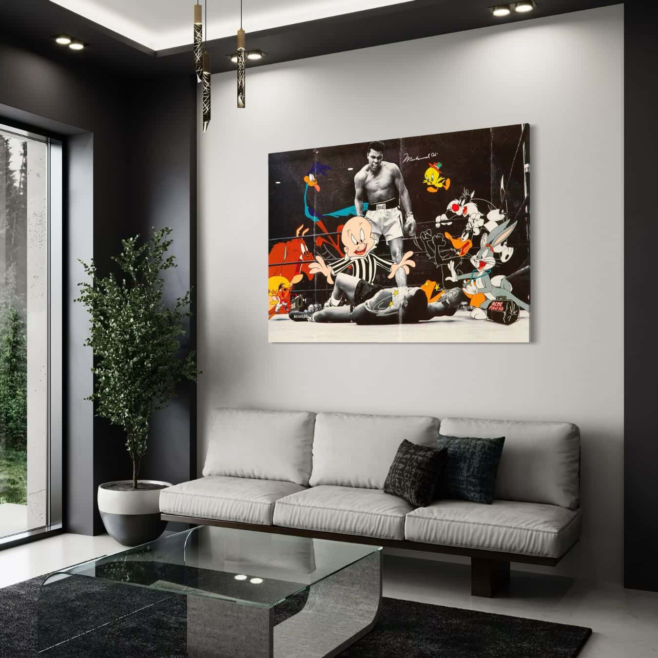 Plexiglas wanddecoratie met cartoon bokswedstrijd in zwart wit.