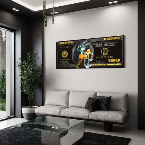Plexiglas wanddecoratie met cartoonfiguren op zwart dollarbiljet aan muur