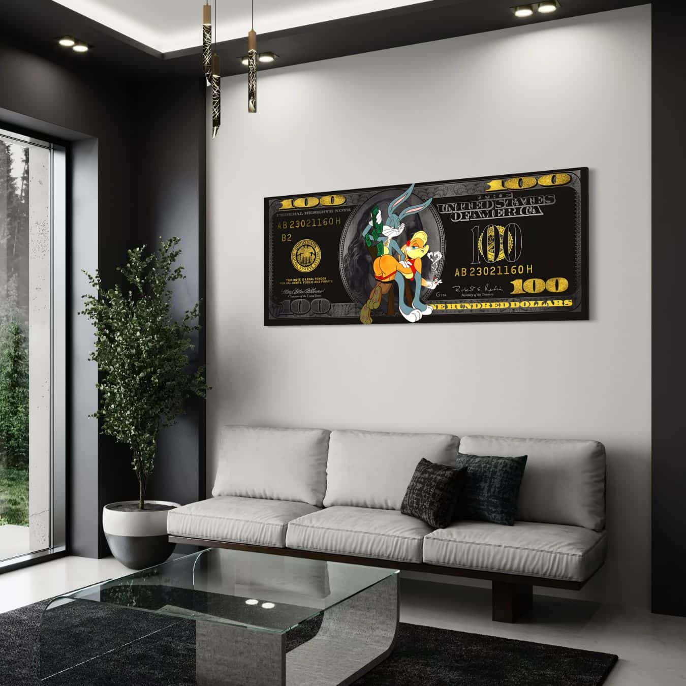 Plexiglas wanddecoratie met cartoonfiguren op zwart dollarbiljet aan muur