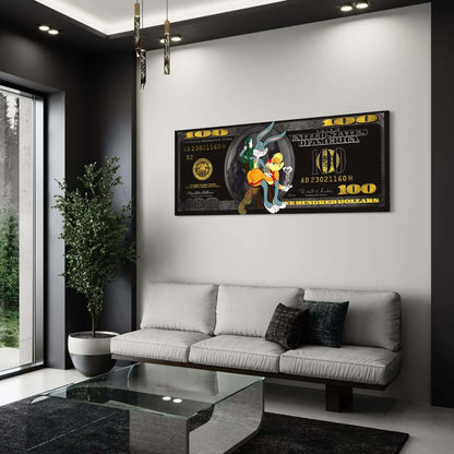 Plexiglas wanddecoratie met cartoonfiguren op zwart dollarbiljet aan muur