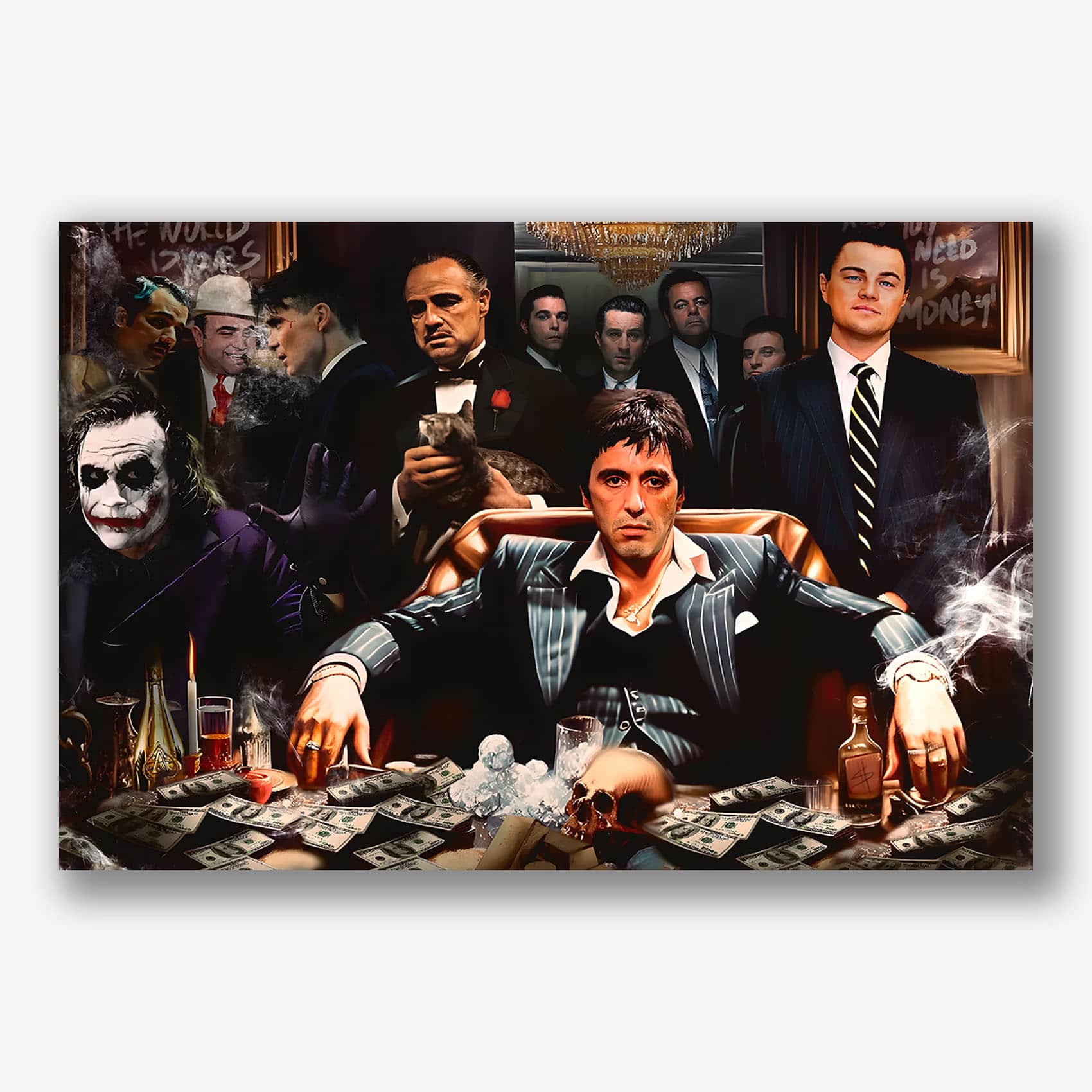 wanddecroatie vol met gangsters uit diverse films zoals scarface en godfather