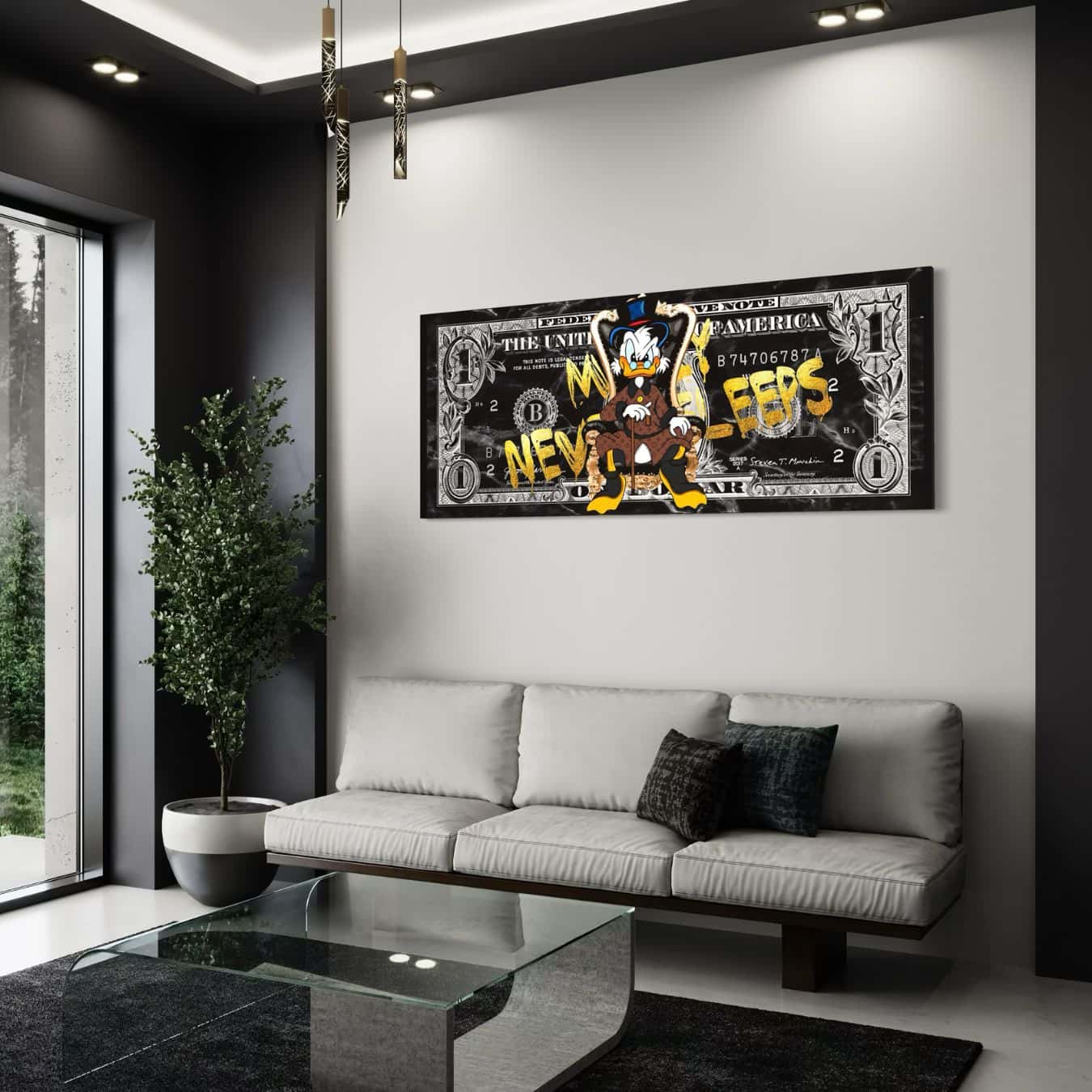 Plexiglas wanddecoratie met geldthema en cartoonfiguur in strak interieur