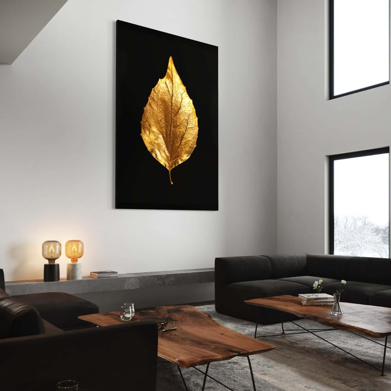 Moderne woonkamer met plexiglas wanddecoratie van gouden blad kunstwerk