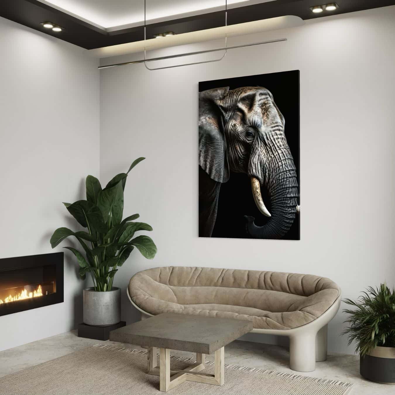 plexiglas wanddecoratie olifant in een interieur met kamerplant