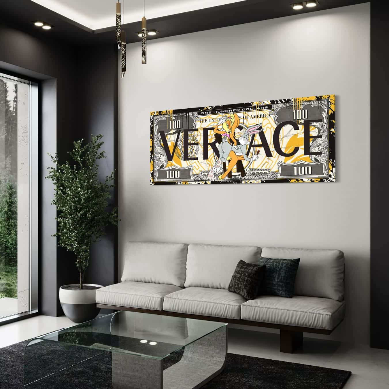 Plexiglas wanddecoratie met Versace stijl kunst in strak interieur