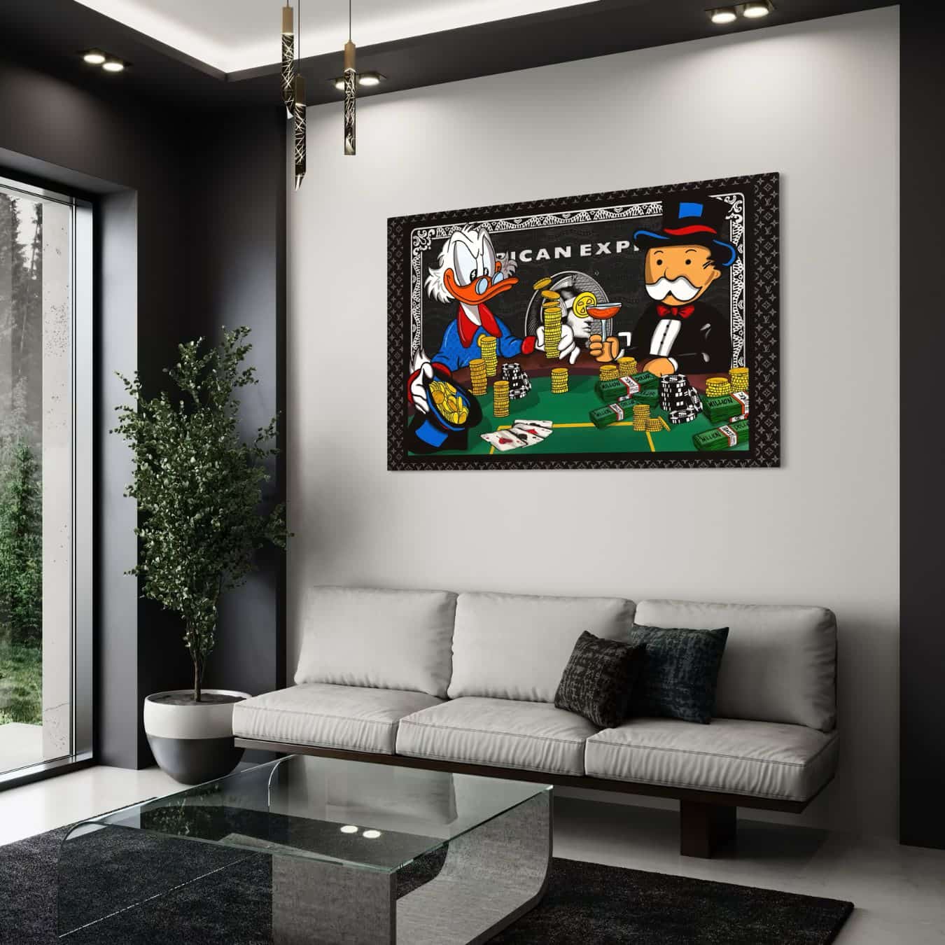 Canvas schilderij met pokerthema in moderne woonkamer met witte bank