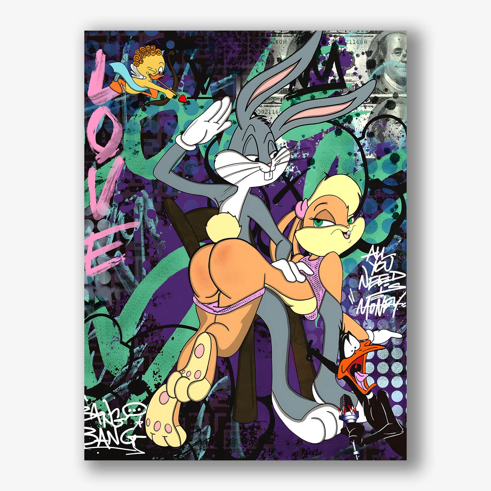 Popart schilderij van Bugs en Lola Bunny op canvas