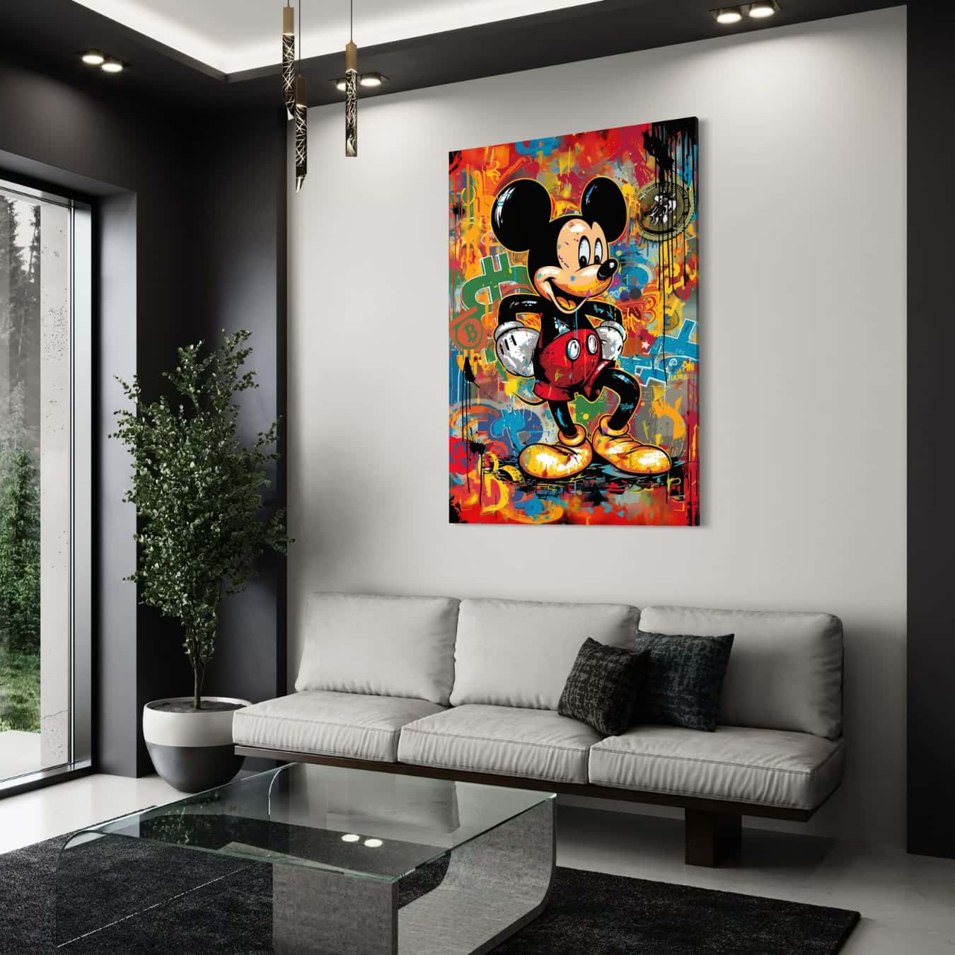 Popart wanddecoratie op canvas in woonkamer met wit bankstel.