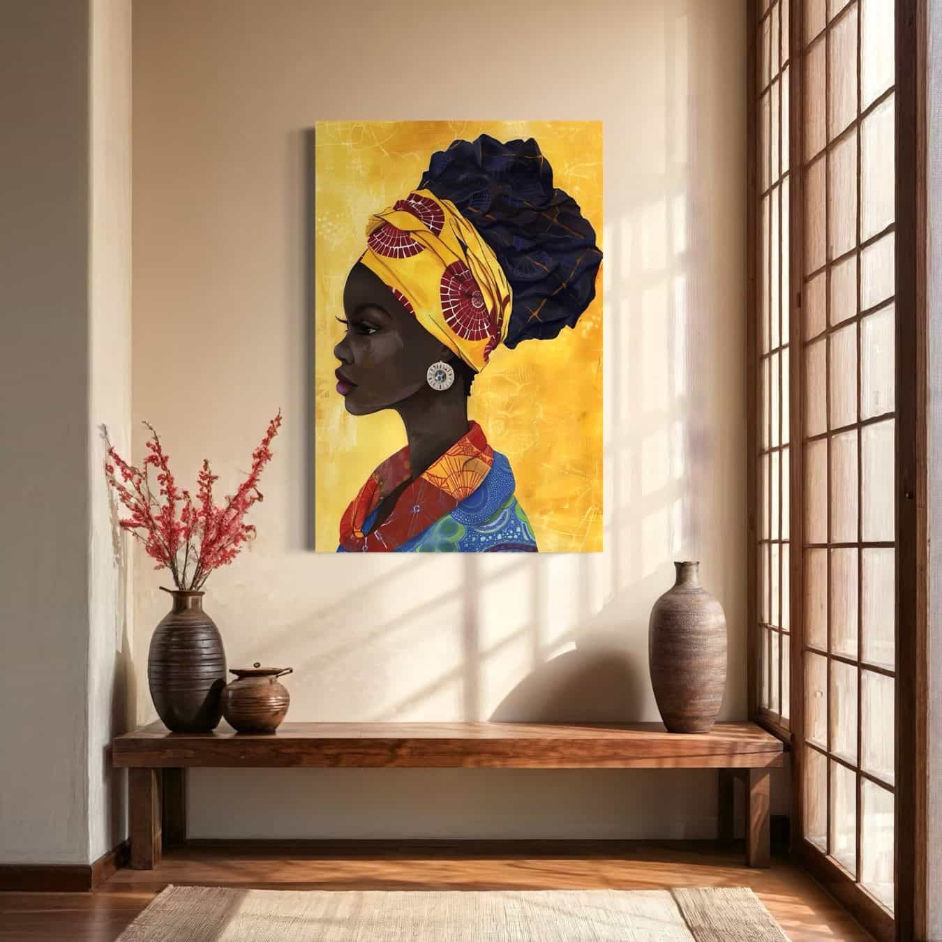 Kunstwerk van vrouw in Afrikaanse kleding in hal met warme lichtinval en oosterse vazen