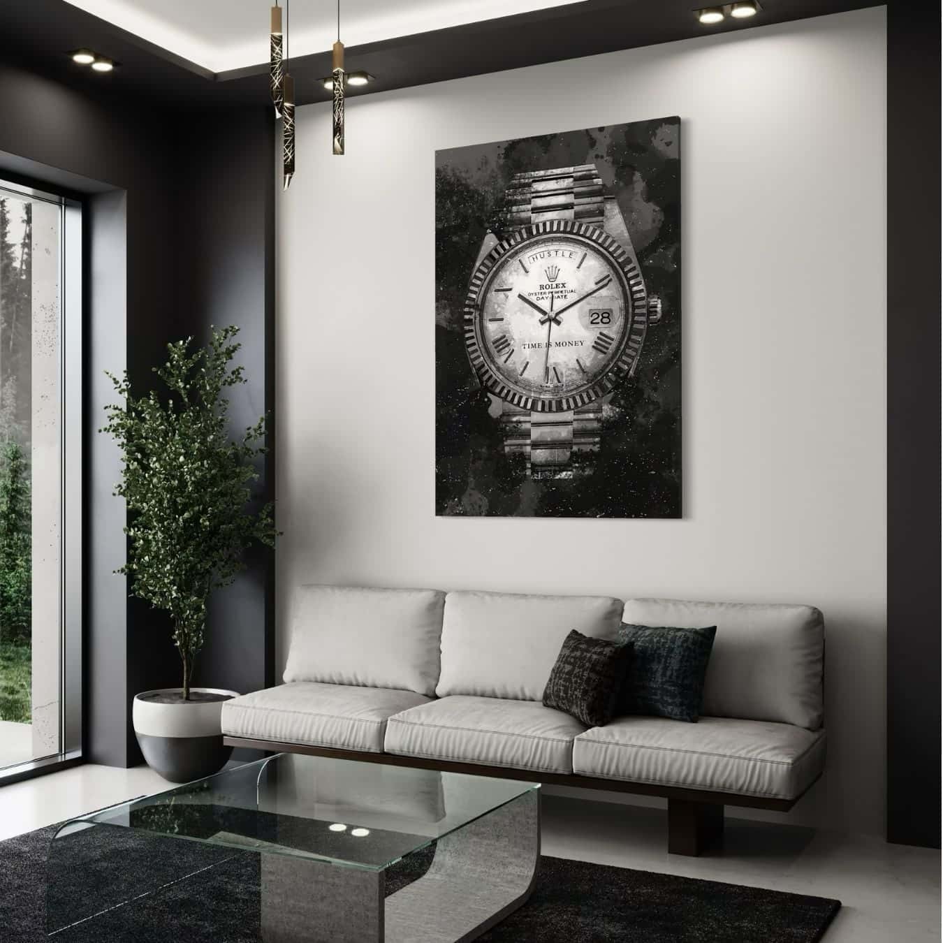 Luxe wanddecoratie met Rolex horloge als kunstwerk in modern interieur.