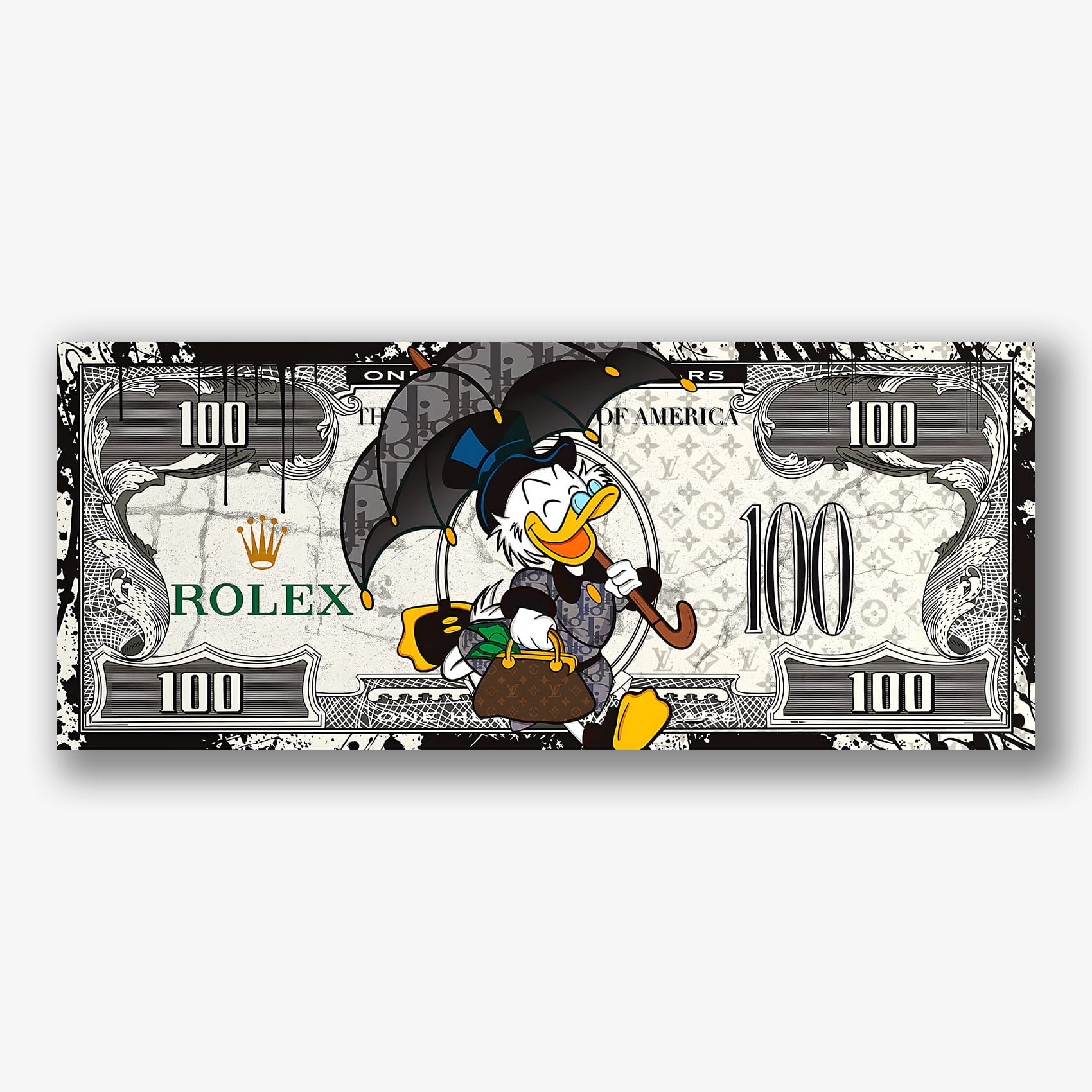 Cartoon schilderij met eend, Rolex en dollarstijl op zwart-wit achtergrond