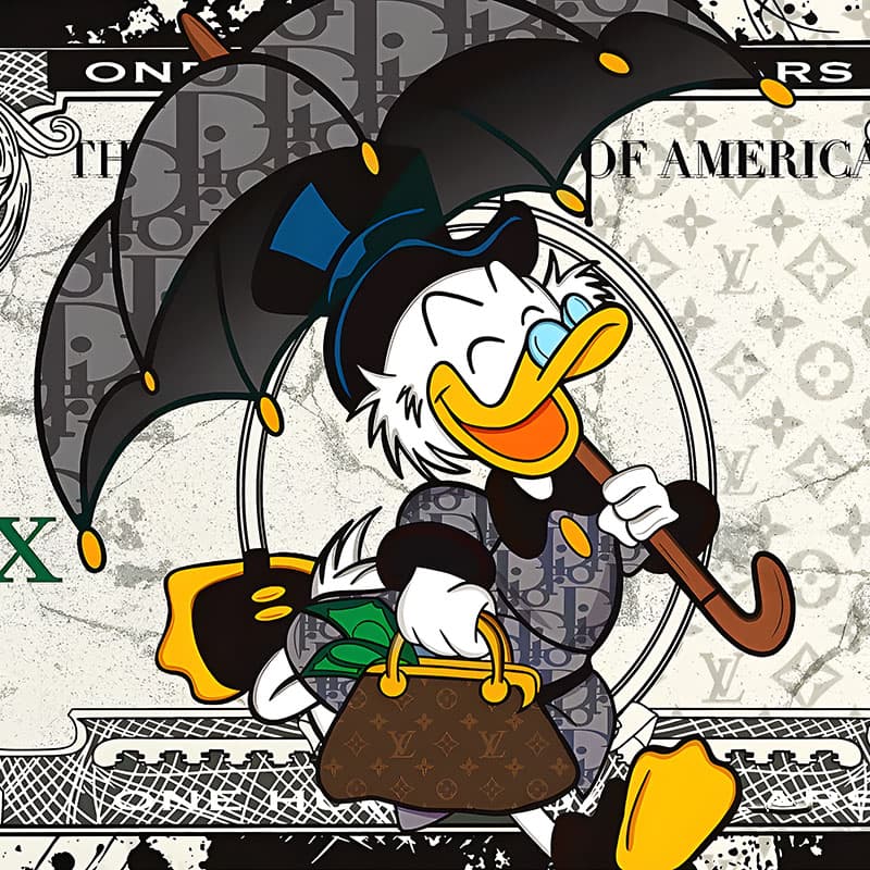 Cartoon schilderij met eend, Rolex en dollarstijl op zwart-wit achtergrond