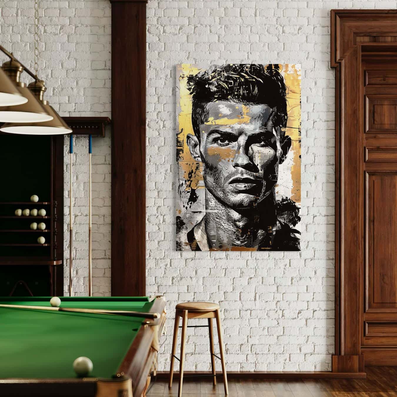 Dibond schilderij van Ronaldo aan witte muur in biljartkamer.