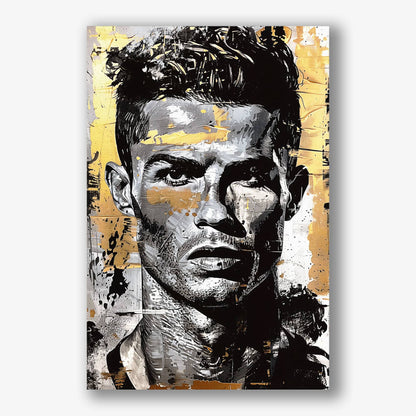 Canvas schilderij van Cristiano Ronaldo met gouden abstracte stijl.