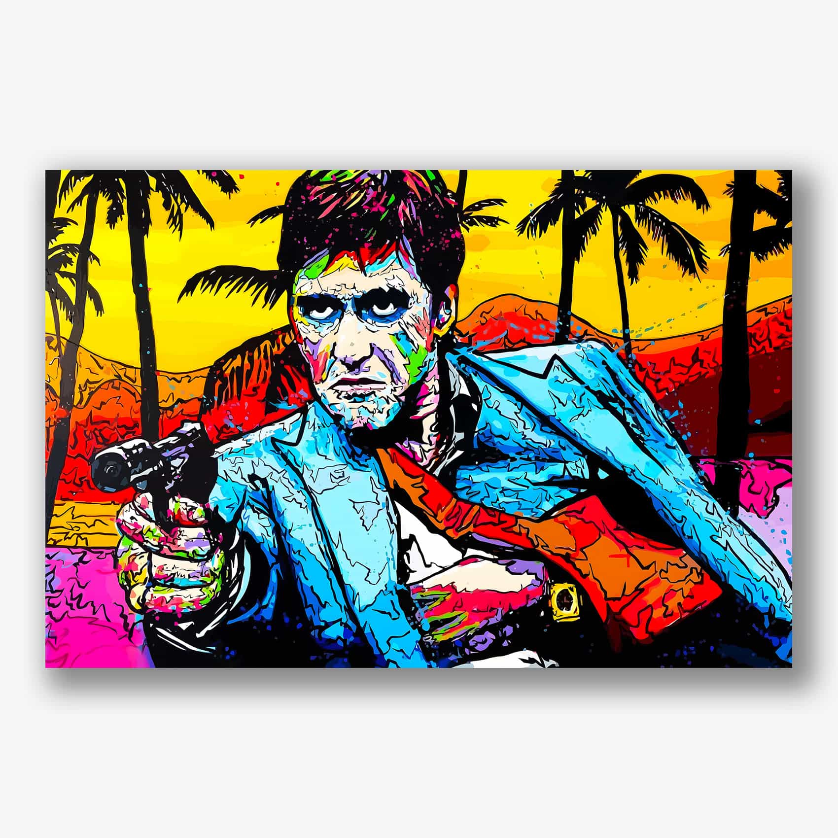 Popart schilderij van Scarface met pistool en Miami achtergrond.