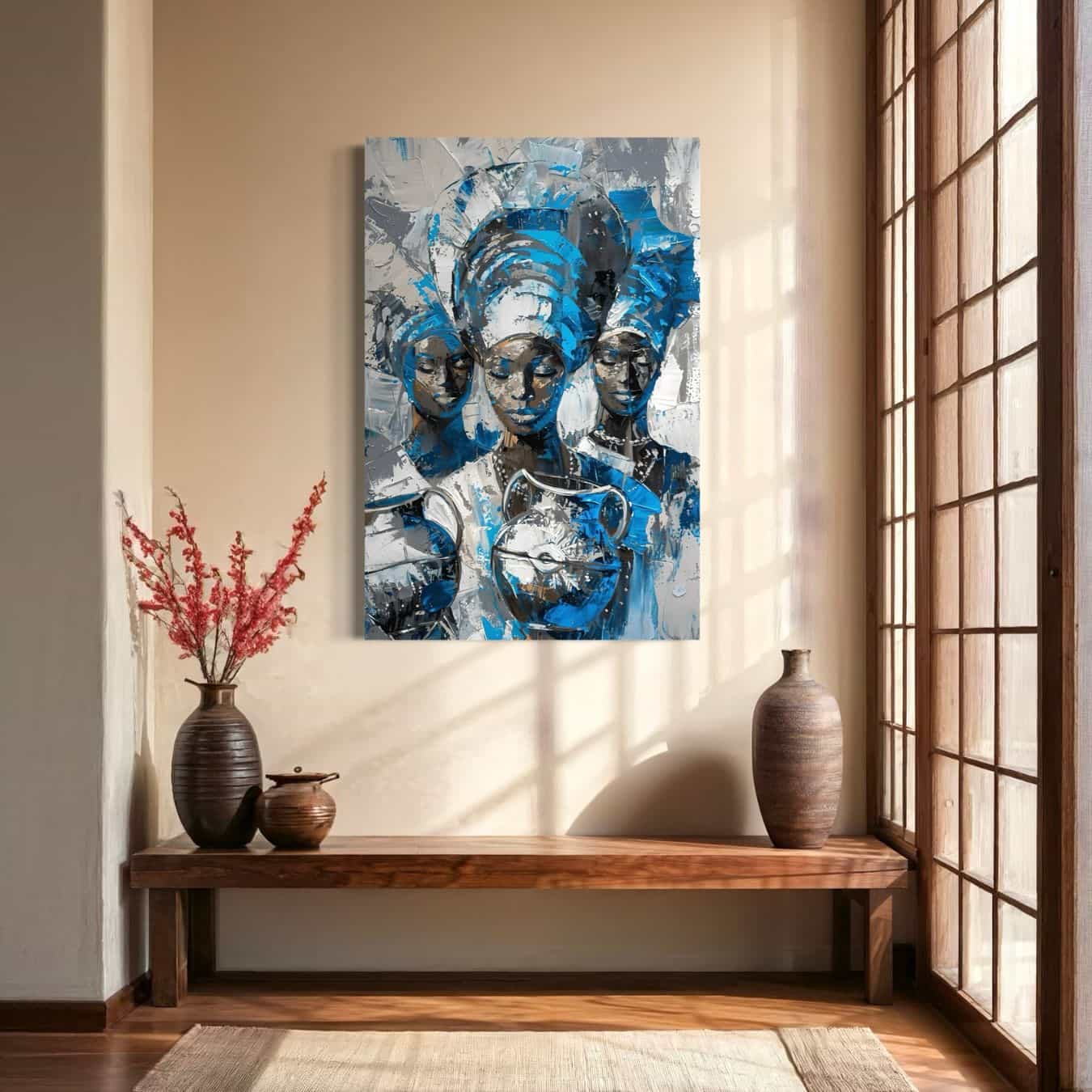 Schilderij van drie Afrikaanse vrouwen in blauwe tinten in hal