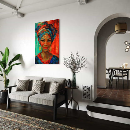 schilderij van een afrikaanse vrouw met veel kleuren in een wit interieur