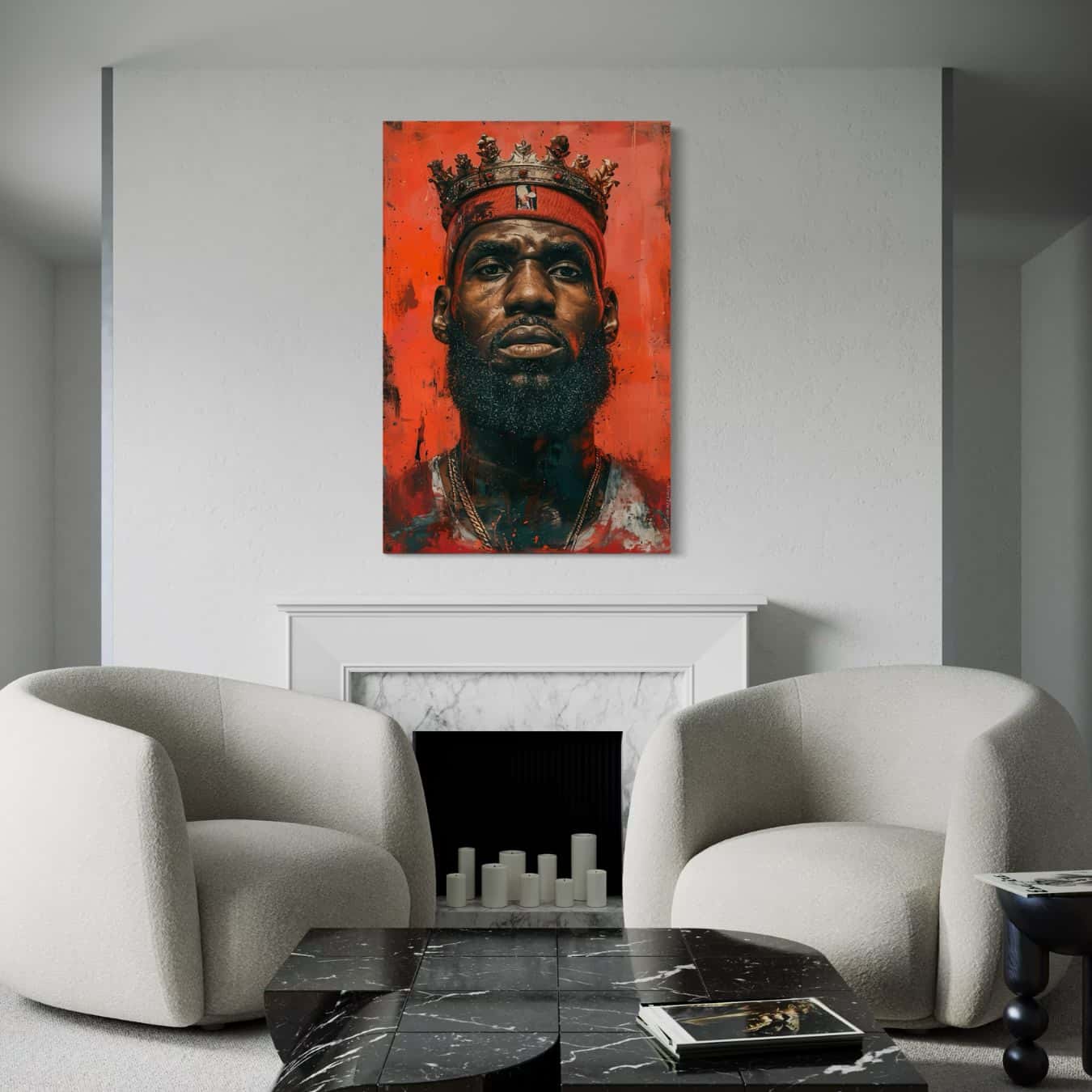 Kunstwerk van basketballer met kroon in lichte woonkamer. 