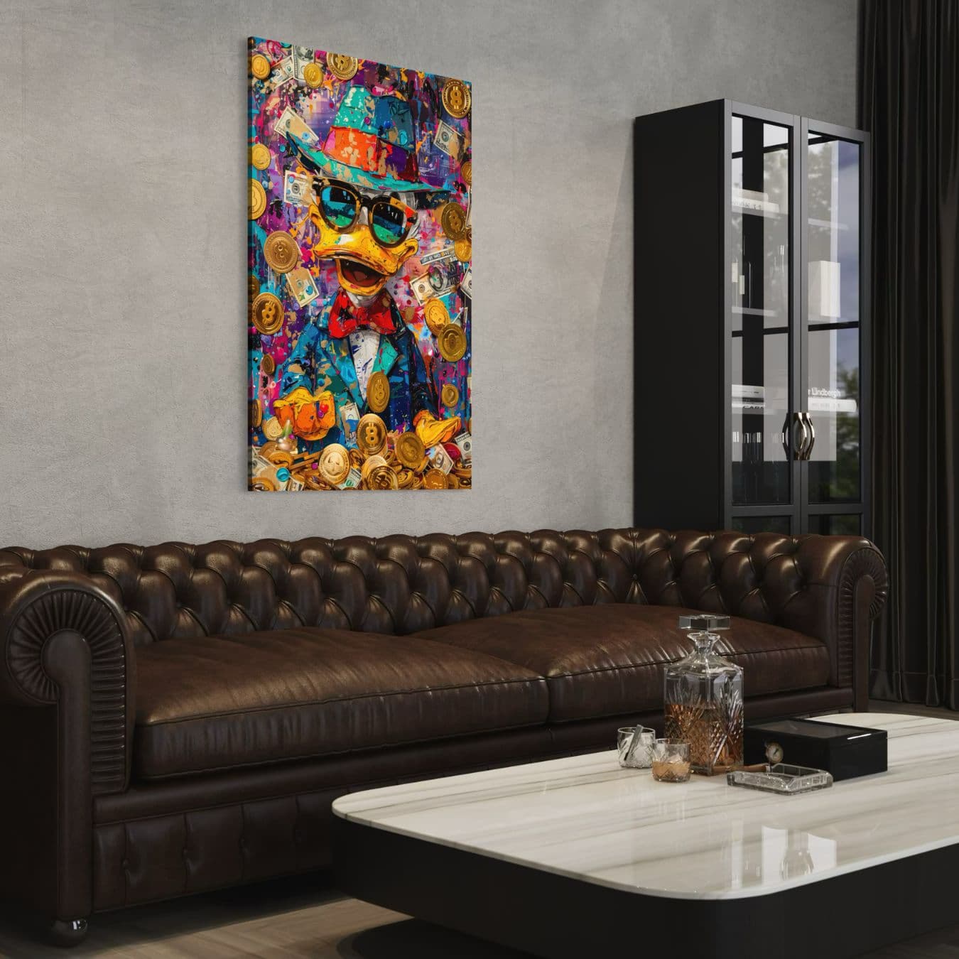 Opvallend popart kunstwerk met bitcoins op dibond wanddecoratie