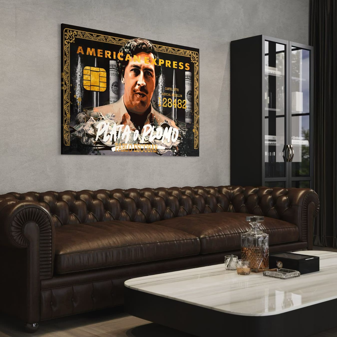 Stoere wanddecoratie op canvas met Pablo Escobar in luxe industriële kamer.