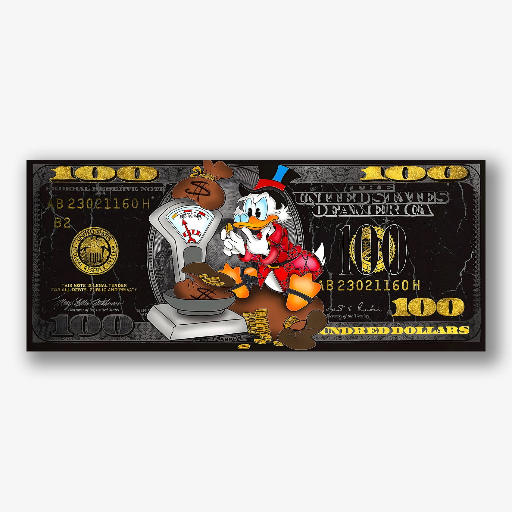 Schilderij met DuckTales stijl figuur op dollarbiljet achtergrond