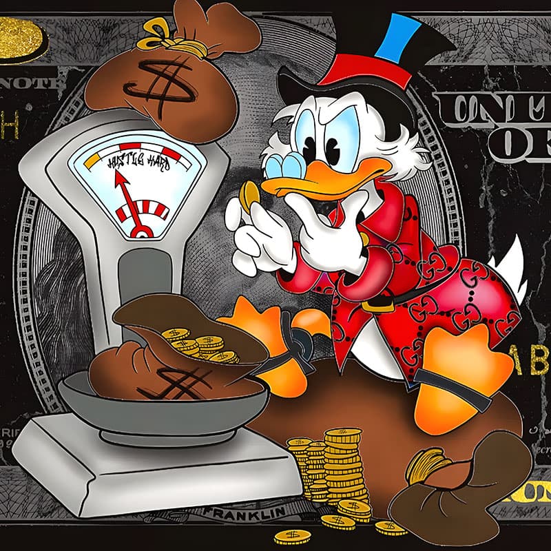 Schilderij met DuckTales stijl figuur op dollarbiljet achtergrond