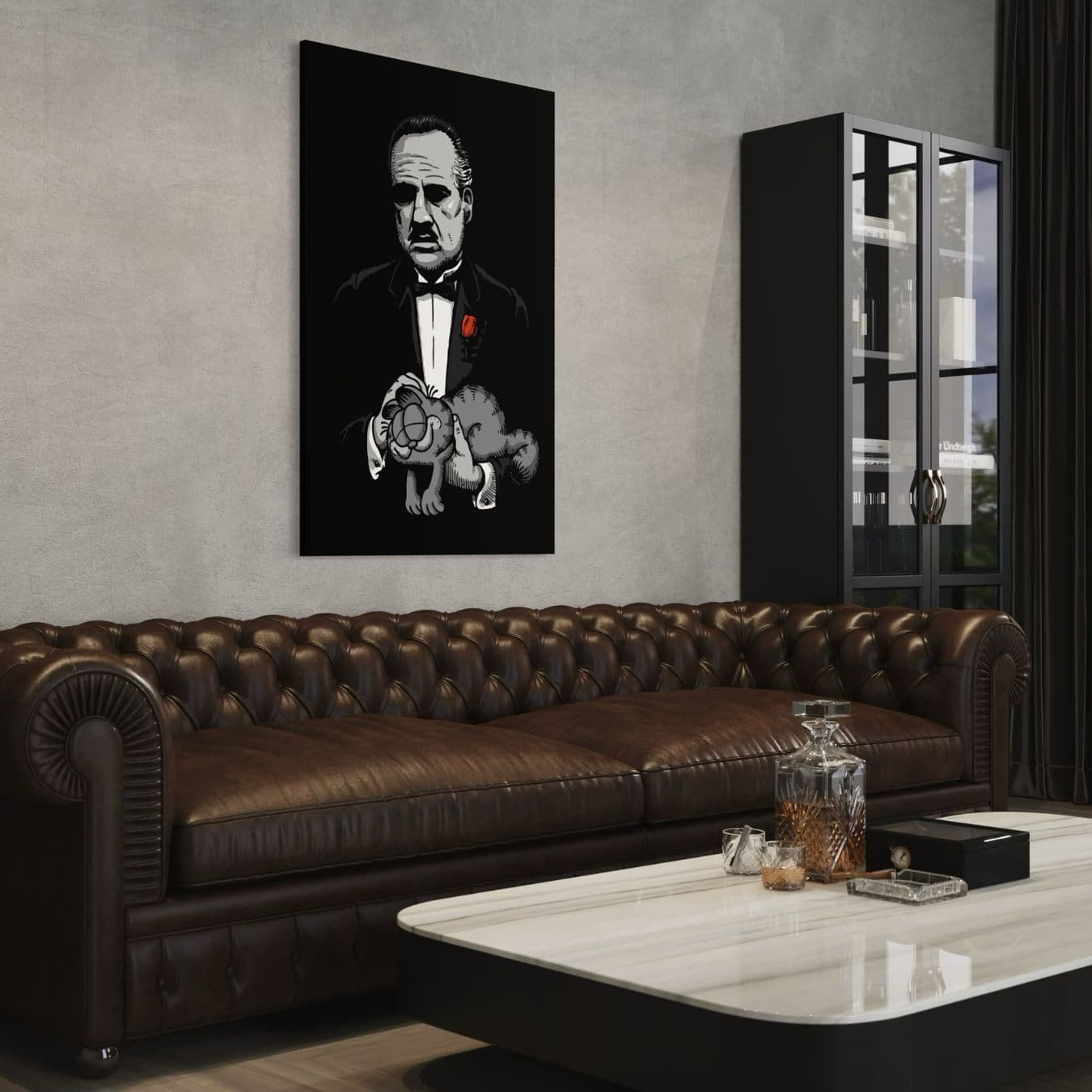 Dibond wanddecoratie met grappig Garfield kunstwerk in industrieel interieur.