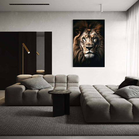 Strakke wanddecoratie van een leeuw als schilderij gedrukt op dibond plaat.