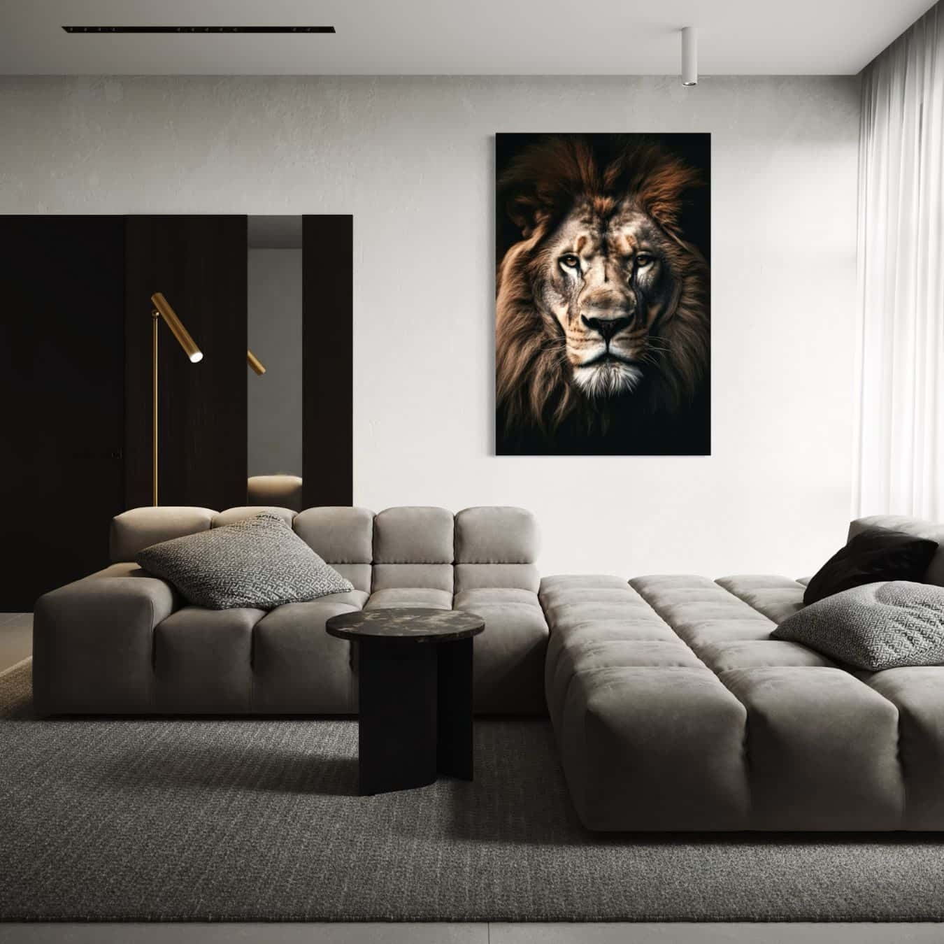 Strakke wanddecoratie van een leeuw als schilderij gedrukt op dibond plaat.