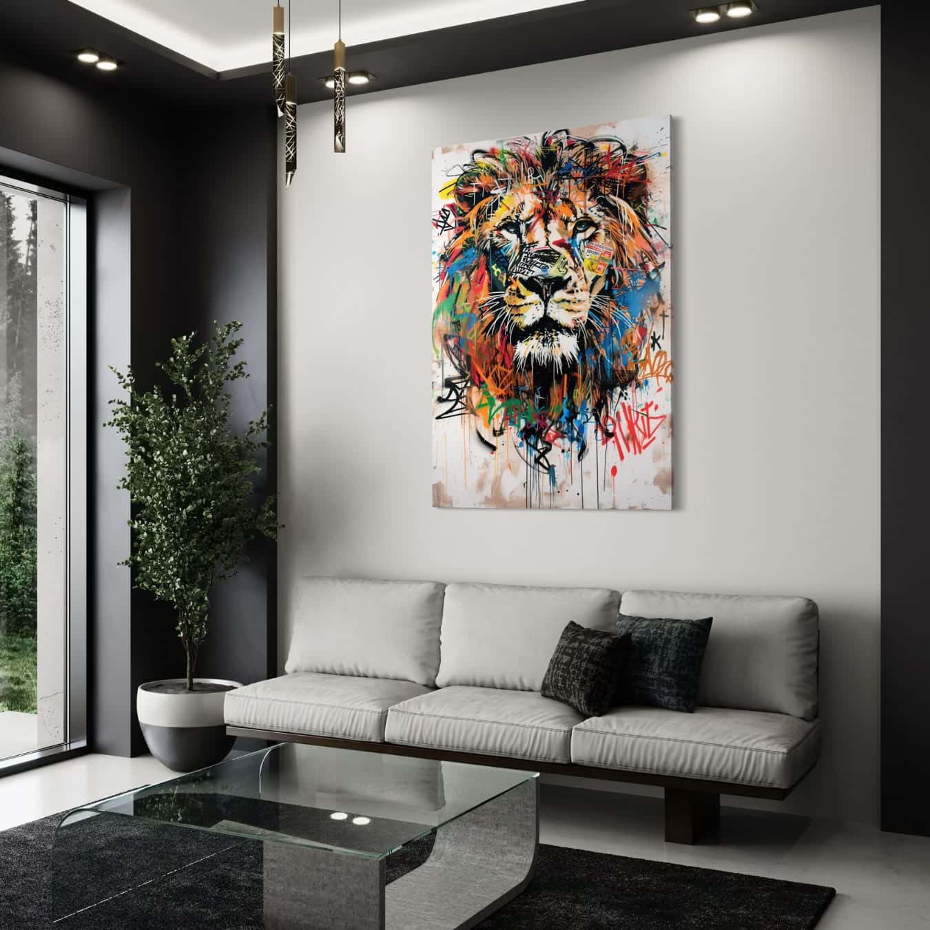 Modern graffiti schilderij van leeuw als statement piece voor woonkamer