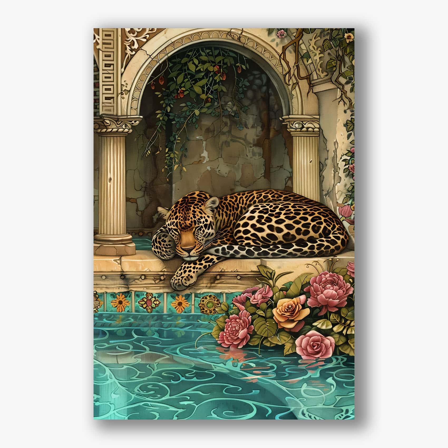 Illustratie van een luipaard dat ontspannen ligt op de rand van een klassiek vormgegeven fontein